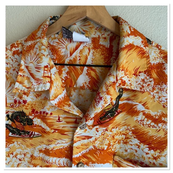 Vintage Kennington Hawaiian Tropical Print Button Up Shirt Dragon Print Orange - Picture 5 of 11